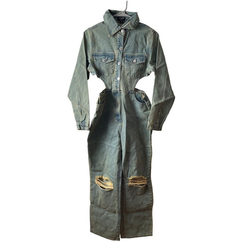 PrettyLittleThing Petite‎ Vintage Wash Denim Cut Out Jumpsuit Ripped Size 4 New